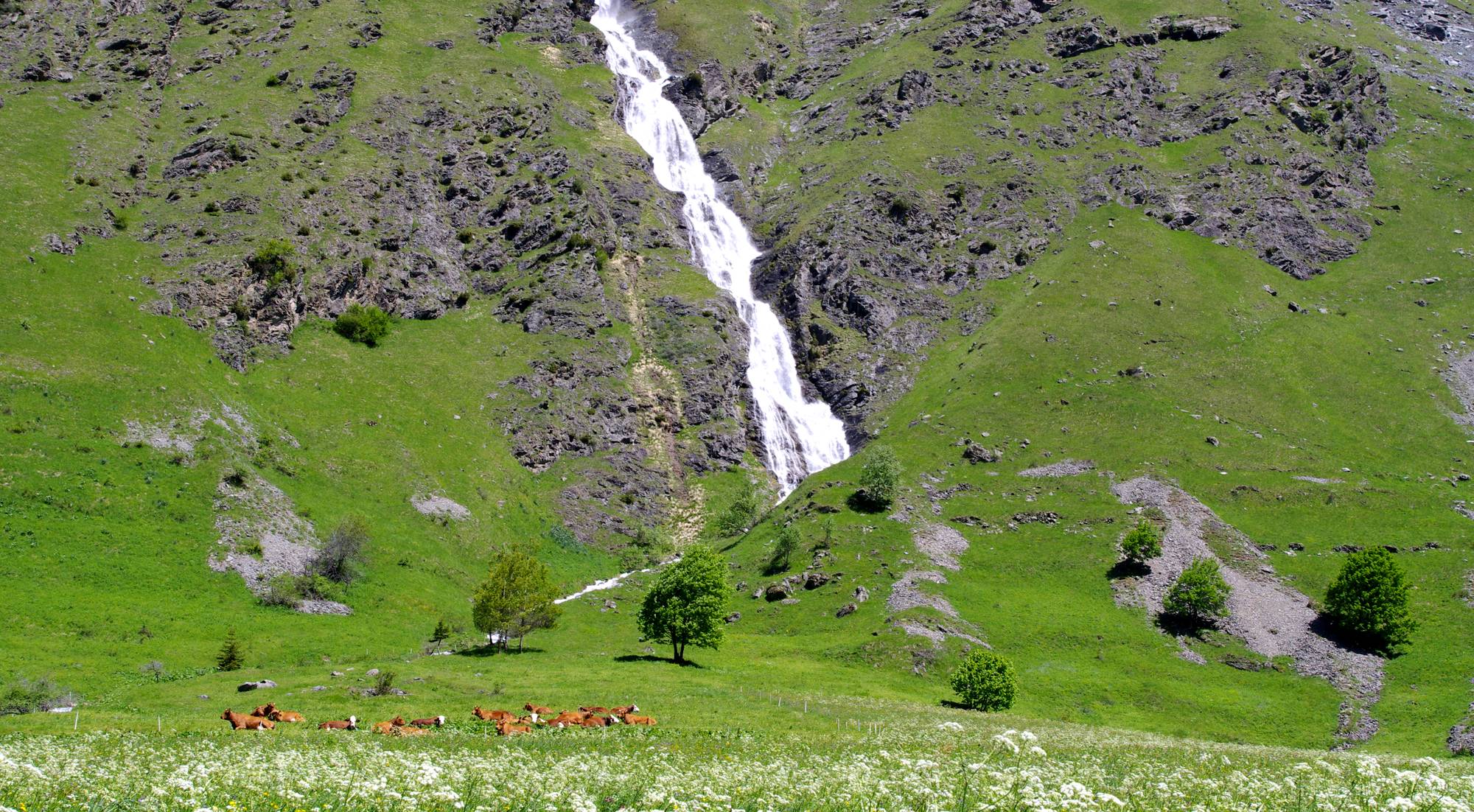 Les cascades plongent sur le vallon, le glacier de BELLECOTE restitue ses neiges éternelles en été